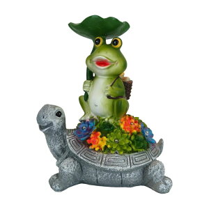 �K�[�f�����C�gLED�\�[���[���C�g �\�[���[�p���[ SAMPU CRAFT Solar Garden Statue with LED Lights, Frog and Turtle Design, Decorative Outdoor Figurine with Colorful Flowers, 8.19x5.2x9.29 Inches (Green) �y���s�A���i�z