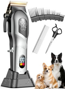 �y�b�g�o���J�� Dog Clippers for Grooming, Dog Grooming Kit for Heavy Thick Hair, Low Noise Cordless Pet Hair Trimmer with Stainless Steel Blade, Professional Rechargeable Hair Trimmer for Dogs and Cats �y���s�A���i�z