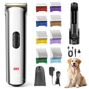 �y�b�g�o���J�� FuzzyFix Professional Dog Grooming Clippers with Charging Dock, 5-in-1 Adjustable Blade Cordless Pet Grooming Kit 5 Speed Rechargeable Trimmer Hair Shaver with Detachable Metal Guide Combs for Animal �y���s�A���i�z