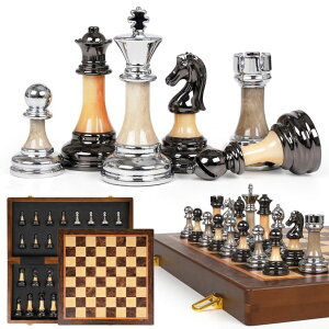 �`�F�X�Z�b�g Luxury Large Chess Set 17 Inch Wooden Chess Board with Metal and Acrylic Chess Pieces, 3.5 King, 2 Extra Queens, Foldable Tournament Chess Set for Adults and Kids, Gift Display Chess Game Collection �y���s�A���i�z