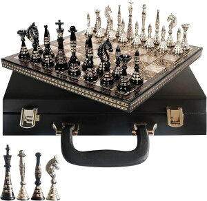 �`�F�X�Z�b�g Luxury Handcrafted Brass Chess Set Black and Silver Metal Pieces with Premium Folding Board and Storage Box | Antique Finish Royal Gift and Decorative Board Game for Home Office Collectors (Tribal) �y���s�A���i�z