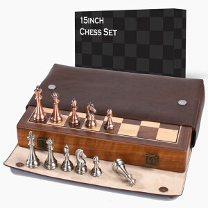 �`�F�X�Z�b�g 15 Inch Walnut Chess Board Set for Adults Kids Metal Chess, Folding Portable Travel Chess Game for Tournament Professional Beginner with Manual �y���s�A���i�z