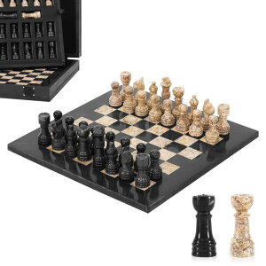 �`�F�X�Z�b�g Marble Chess Set for Adults 10 Handmade Black & Coral Board Game with 32 Chess Pieces, 2 Extra Queens & Storage Box, Luxury Travel Game, Elegant for Home Decor �y���s�A���i�z