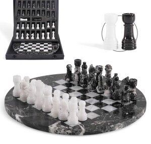 �`�F�X�Z�b�g EarthenTones Marble Chess Set for Adults with Complementary Storage Box, 12 Black & White Handmade Board Game, Classic Board Games for Adults, Luxury Chess Set �y���s�A���i�z