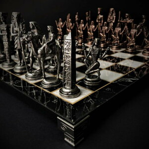 �`�F�X�Z�b�g Antique Chess Set Cleopatra Pharaoh Chessmen 100% Handmade Marble Wooden Chess Board - Xmas Gift for Dad, Husband �y���s�A���i�z