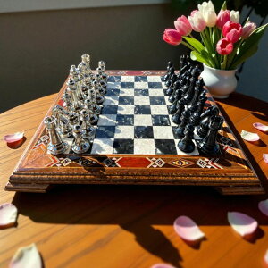 �`�F�X�Z�b�g Handmade Wooden Chess Set ? Luxury Inlaid Board & Heavy Carved Metal Pieces | Gift for Dad or Husband �y���s�A���i�z