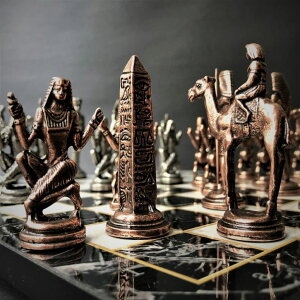 �`�F�X�Z�b�g Antique Chess Set Cleopatra Pharaoh Chessmen 100% Handmade Marble Wooden Chess Board - Gift for Dad, Husband, and Anyone for Anniversary, Birthday �y���s�A���i�z