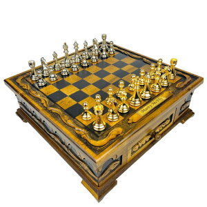 �`�F�X�Z�b�g Personalized Handmade Hard Wooden Chess Set with Pieces- Large Engraved Chess Board with Storage - Classic Style Metal Chessmen- Luxury Chess Set for Adults (Golden-Silver Chess Pieces) �y���s�A���i�z