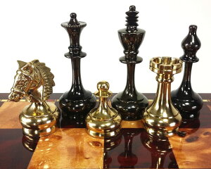 �`�F�X�Z�b�g Real Brass Metal Staunton Bridled Knight Chess Men Set Gold and Black Chrome - NO Board �y���s�A���i�z