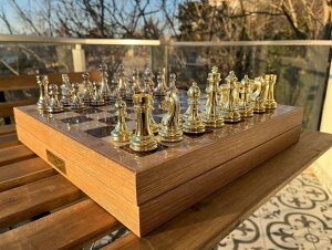 �`�F�X�Z�b�g Large Chess Set for Adults Brass Weighted Chess Pieces Handmade Chessmen Custom Wooden Chess Board with Storage 14.5 inch Gift idea for Him, Dad, Birthday's �y���s�A���i�z