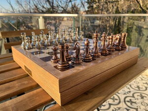�`�F�X�Z�b�g Luxury Personalized Chess Set for Adults Metal Weighted Chess Pieces Handmade Chessmen Wooden Chess Board with Storage 14.5 Gift idea for Husband, Dad, Birthday's (Bronze - Silver) �y���s�A���i�z