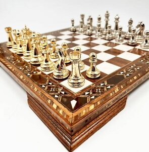 �`�F�X�Z�b�g Luxury Chess Set for Adult Metal Staunton Chess Figures Handmade Brass Chess Pieces Solid Inlaid Wooden Chess Board Gift Idea for Dad, Husband, Anyone for Anniversary (Medium) �y���s�A���i�z
