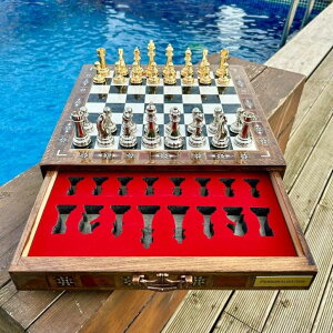 �`�F�X�Z�b�g Luxury Chess Set Classic Brass Large Chess Pieces for Adults Handmade Natural Inlaid Solid Wooden Chess Board with Drawers 15.3, Gift Idea for Him, Father and Anniversary �y���s�A���i�z