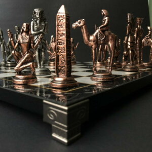 �`�F�X�Z�b�g Antique Chess Set Cleopatra Pharaoh Chessmen Handmade Marble Wooden Chess Board, Gift for Dad, Husband, and Anyone for Birthday, Anniversary �y���s�A���i�z