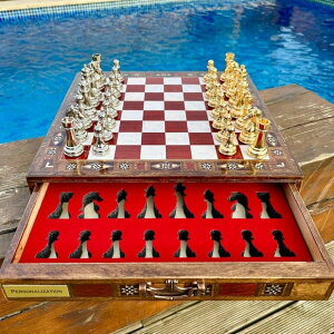 �`�F�X�Z�b�g Luxury Chess Set Classic Metal Large Chess Pieces for Adults Handmade Natural Inlaid Solid Wooden Chess Board with Drawers 15.3 in, Gift Idea for Husband, Dad and Birthday �y���s�A���i�z