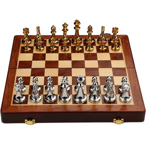 �`�F�X�Z�b�g no branded Metal Glossy Golden and Silver Chess Pieces Solid Wooden Folding Chess Board High Grade Professional Chess Games Set �y���s�A���i�z