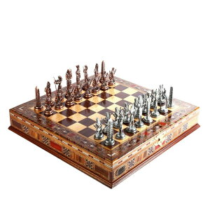 �`�F�X�Z�b�g Historical Egypt Pharaoh Figures Metal Chess Set for Adults, Handmade Pieces and Natural Solid Wooden Chess Board with Pearl Design Around Board with Drawer Storage Inside (Antique Copper) �y���s�A���i�z