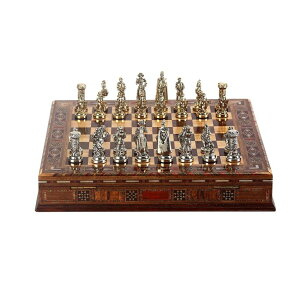 �`�F�X�Z�b�g Medieval British Army Metal Chess Set for Adults, Handmade Pieces and Natural Solid Wooden Chess Board with Pearl Design Around Board and Storage Inside King 2,75 inc �y���s�A���i�z