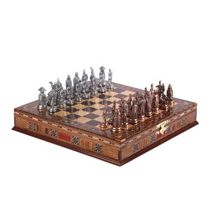 �`�F�X�Z�b�g Ottoman vs Byzantine Figures Metal Chess Set for Adults,Handmade Pieces and Natural Solid Wooden Chess Board,Pearl Design Around Board and Drawers Storage Inside (Antique Copper) �y���s�A���i�z