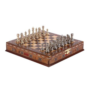 �`�F�X�Z�b�g Classic Chess Set Handmade Pieces and Natural Solid Wooden Chess Board with Pearl Design Around Board and Drawers Storage Inside (Gold-Silver) �y���s�A���i�z
