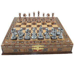 �`�F�X�Z�b�g Classic Antique Copper Chess Set Handmade Pieces and Natural Solid Wooden Chess Board with Pearl Design Around Board and Storage Inside King 2.96 inc �y���s�A���i�z
