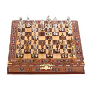 �`�F�X�Z�b�g Ottoman vs Byzantine Figures Metal Chess Set for Adults,Handmade Pieces and Natural Solid Wooden Chess Board,Pearl Design Around Board and Storage Inside (Walnut) �y���s�A���i�z