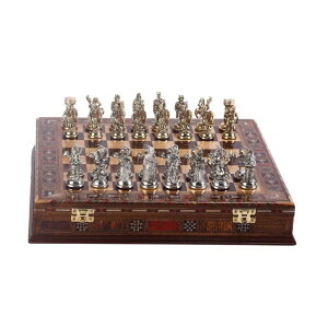 �`�F�X�Z�b�g Historical Ottoman vs Byzantine Figures Metal Chess Set for Adult,Handmade Cool Pieces and Natural Solid Wooden Chessboard with Pearl Design Around Board,Storage Inside King 2,8 inc (Gold-Silver) �y���s�A���i�z