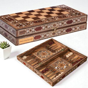 �`�F�X�Z�b�g 13.8 Luxury Backgammon and Chess Set ? Handmade Wooden Inlaid Game Board 3 in 1 for Men, Dad, and Husband �y���s�A���i�z