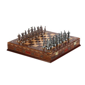 �`�F�X�Z�b�g Historical Spanish Royal Guards Antique Copper Metal Chess Set for Adults,Handmade Pieces and Natural Solid Wooden Chess Board with Pearl Design Around Board and Storage Inside King 2,65 inc �y���s�A���i�z
