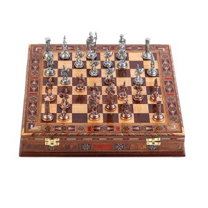 �`�F�X�Z�b�g GiftHome Antique Copper Roman Figures Metal Chess Set for Adults,Handmade Pieces and Natural Solid Wooden Chess Board with Pearl Design Around Board and Storage Inside King 2,8 inc �y���s�A���i�z