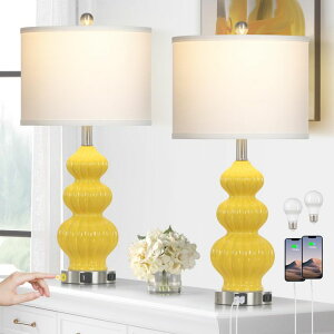 �T�t�@���B�� safavieh �e�[�u�������v �T�t�@�r�� �T�t�@���B�A Rinweey Triple Gourd Ceramic Table Lamps Set of 2, Modern Yellow Bedside Lamps with USB A+C Ports & AC Outlet, 3 Way Touch Control Contemporary Nightstand Lamps for Bedro 