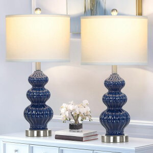 �T�t�@���B�� safavieh �e�[�u�������v �T�t�@�r�� �T�t�@���B�A Rinweey Triple Gourd Ceramic Table Lamps Set of 2, Modern Blue Bedside Lamps with Rotary Switch, Contemporary Nightstand Lamps for Bedroom Living Room �y���s�A���i