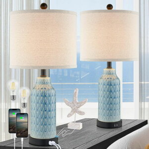�T�t�@���B�� safavieh �e�[�u�������v �T�t�@�r�� �T�t�@���B�A Cinkeda Ceramic Table Lamps for Bedroom Set of 2,Touch Lamp with USB Ports for Nightstand, 3-Way Dimmable Blue Coastal Bedside Lamps for Bedroom Living Room End Table Sid 