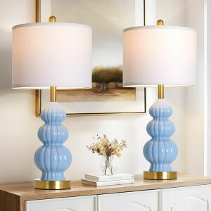�T�t�@���B�� safavieh �e�[�u�������v �T�t�@�r�� �T�t�@���B�A Rinweey Blue Ceramic Lamps Set of 2, 26.5 Modern Table Lamps for Living Room, Classic Bedside Lamp with Triple Gourd, Elegant Bedroom Lamp for Night Stand Desk Side End 