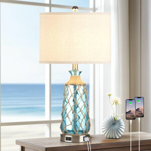 �T�t�@���B�� safavieh �e�[�u�������v �T�t�@�r�� �T�t�@���B�A Ruzectt Coastal Glass Table Lamps, 3-Way Dimmable Touch Control Bedside Lamps with 2 USB Ports and AC Outlet, Teal Nautical Nightstand Lamps for Bedroom Living Room (LED 
