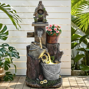 �K�[�f�� ���� �C���e���A���� �u���^ ���� ��̃I�u�W�F �E�H�[�^�[�t�H�[���t�@�E���e�� Ultym 20 Bucket Birdhouse Outdoor Fountain, 3-Tier Pastoral Water Feature with LED Lights, Resin Soothing Cascading Waterfall for Pa