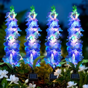 �K�[�f�����C�gLED�\�[���[���C�g �\�[���[�p���[ MRHEPHAESTUS Solar Garden Lights, Solar Blue Delphinium Flowers Lights 4 Pack 80 LEDs, Waterproof Outdoor Light Two Lighting Modes for Outside Wedding Party Garden Yard Patio Lawn Deco �y