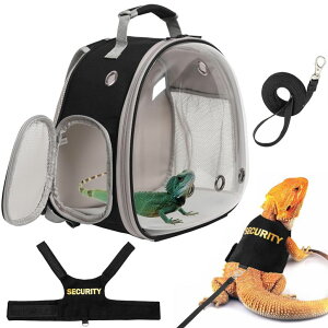 �C���R ���� �o�[�h �g���x���L�����A�[ Bearded Dragon Carrier Backpack with Security Printing Harness Leash Set, Reptile Lizard Space Capsule Astronaut Clear Bubble Window Travel Carrier for Small Animal Guinea Pig(Black, Security H �y��