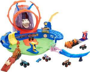 �z�b�g�E�B�[�� �����X�^�[�g���b�N Hot Wheels Monster Trucks T-Rex Volcano Playset with 1:64 Scale Race Ace Toy Truck & 1 Toy Car, Track Set with Dinosaur Nemesis �y���s�A���i�z