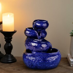 ��� ���� ��̃I�u�W�F �e�[�u���g�b�v�t�@�E���e�� �C���e���A���� Glitzhome 12 H Ceramic Cobalt Blue Tabletop Fountain with Pump, 4-Tiered Indoor Water Fountain Cascading Table Fountain Pot for Home Office Living Room, Decorati