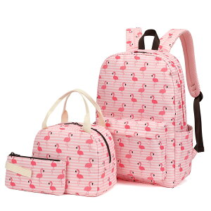 �C���R ���� �o�[�h �g���x���L�����A�[ 3in1 School Backpacks for Girls, kids Bookbag Set with Lunch Box and Pencil Case Laptop Backpack for Women, Elementary Middle School Bags (Pink Stripe Flamingo) �y���s�A���i�z