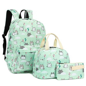 �C���R ���� �o�[�h �g���x���L�����A�[ Kouxunt Cat Girls School Backpacks for Kids Teens, 3-in-1 School Bag Bookbags Set with Lunch Bag Pencil Case (Green) �y���s�A���i�z