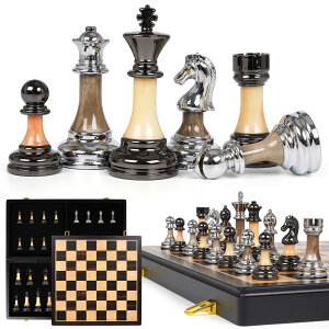 �`�F�X�Z�b�g Luxury Large Metal & Acrylic Chess Set with Wooden Chess Board (17�h) ? Weighted Chess Pieces with 3.5�h King, Foldable Tournament Chess Set for Adults & Kids, Professional Chess Game Set �y���s�A���i�z