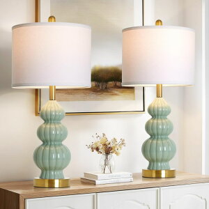 �T�t�@���B�� safavieh �e�[�u�������v �T�t�@�r�� �T�t�@���B�A Rinweey Green Ceramic Lamps Set of 2, 26.5 Modern Table Lamps for Living Room, Classic Bedside Lamp with Triple Gourd, Elegant Bedroom Lamp for Night Stand Desk Side End 