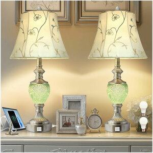 �T�t�@���B�� safavieh �e�[�u�������v �T�t�@�r�� �T�t�@���B�A Bedside Table Lamp Set of 2 with Nightlight and USB A+C Ports, 27'' High Vintage Table Lamps with Silver Leaf Finish and Embroidered Shade, Nightstand Lamps Decor for Bed 