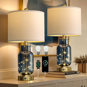 �T�t�@���B�� safavieh �e�[�u�������v �T�t�@�r�� �T�t�@���B�A Oneach 22 Glass Table Lamps Set of 2, Blue Modern Bedside Lamp with LED Night Light for Living Room, Nightstand Lamp with USB Ports for Bedrooms, Study Room, End Table(2 