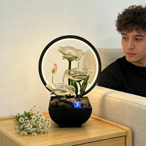 ��� ���� ��̃I�u�W�F �e�[�u���g�b�v�t�@�E���e�� �C���e���A���� AOZITA Tabletop Water Fountain,3-Tier Transparent Glass Lotus Leaf Zen Fountain,Indoor Water Feature with Lotus Bud & LED Ring Light & Bead for Home Office Decor