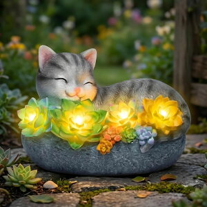 �K�[�f�����C�gLED�\�[���[���C�g �\�[���[�p���[ basen Solar Sleeping Cat Outdoor Garden Decor, Resin Cat Figurine with Colorful Succulent Flowers, Solar Powered LED Light, Waterproof Yard Lawn Patio Ornament, Cute Animal Gift for Ho �y
