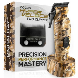 �y�b�g�o���J�� Cocco Hyper Veloce Pro Clipper, Digital Gap Ambassador Graphene Taper Blade Professional Hair Clippers, High-Torque BLDC Motor, All-Metal, Cordless, Charging Station Included (Camo) �y���s�A���i�z