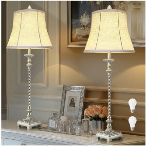 �T�t�@���B�� safavieh �e�[�u�������v �T�t�@�r�� �T�t�@���B�A Candle Stick Buffet Table Lamp Set of 2, 33'' Vintage Nightstand Lamps with Silver Leaf Finish and White Linen Shades, 3-Way Dimmable Bulb Included, Country Style Bedside 